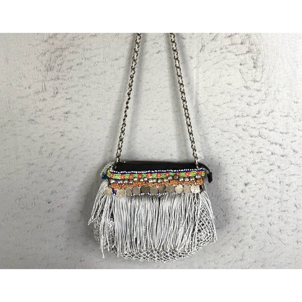 Elliot Mann Purse Beaded Fringe Coin Indie Firefly Boho Art to Wear Retro